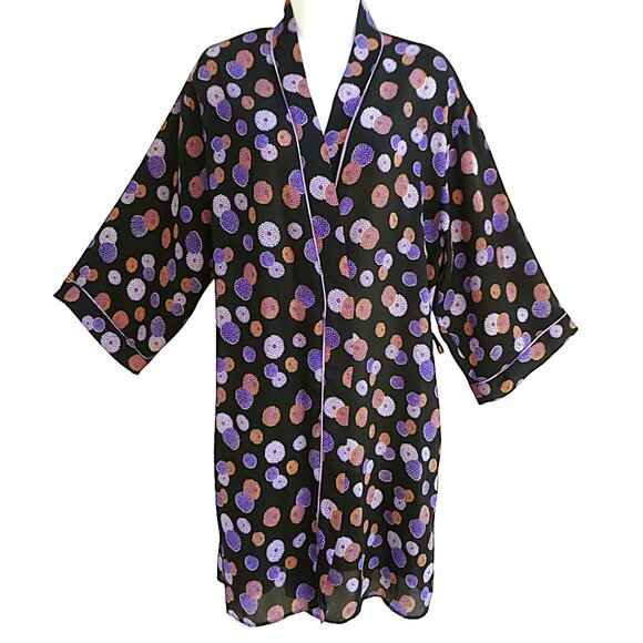 Vintage Natori Josie Satin Kimono Robe Dark Floral Moody Contrasting Piping S - Picture 1 of 6